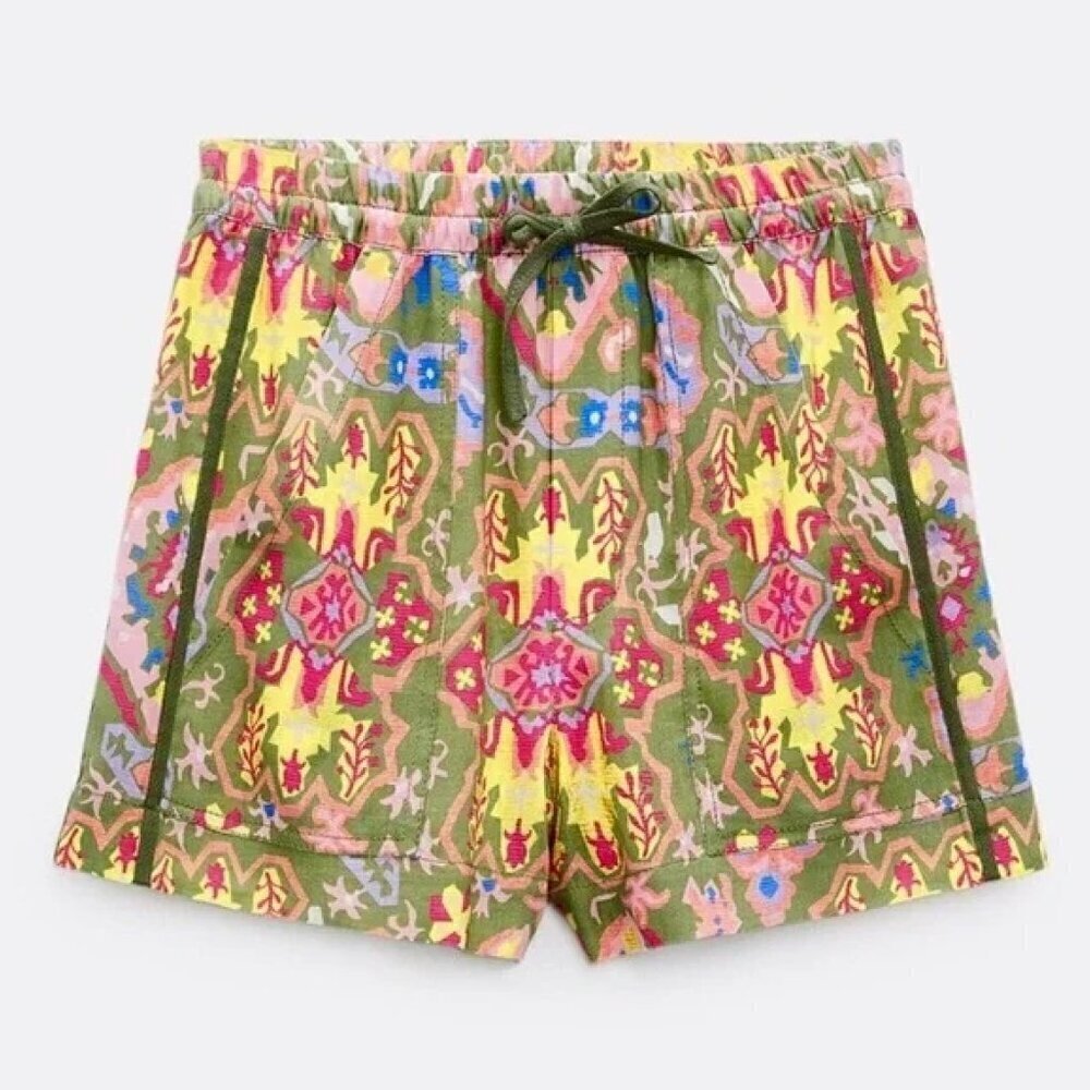 ⭐️ Host Pick ⭐️ Women's S Zara Aztec Printed Drawstring Shorts Linen Blend Funky - Picture 2 of 8